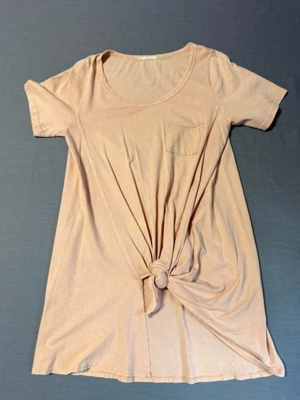 Easel Peach Mineral Wash Pocket Front Tie Short Sleeve Tunic Top - Small